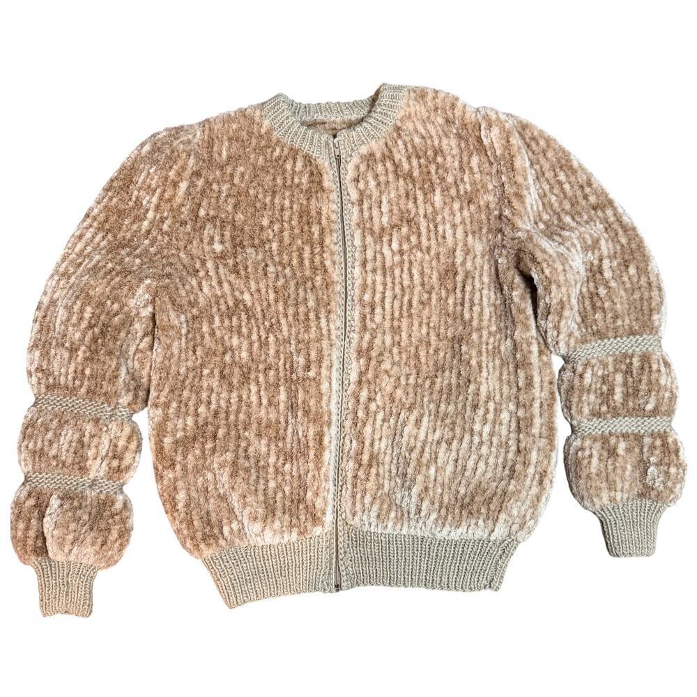 Vintage 80s Camel Brown Chenille Knit Oversized Bomber Jacket Size XL